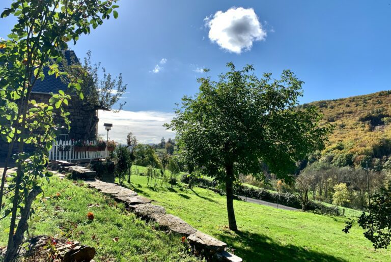 Gîtes Altobraco - verdure et jardin des gîtes, vue vers le sud avec ciel bleu